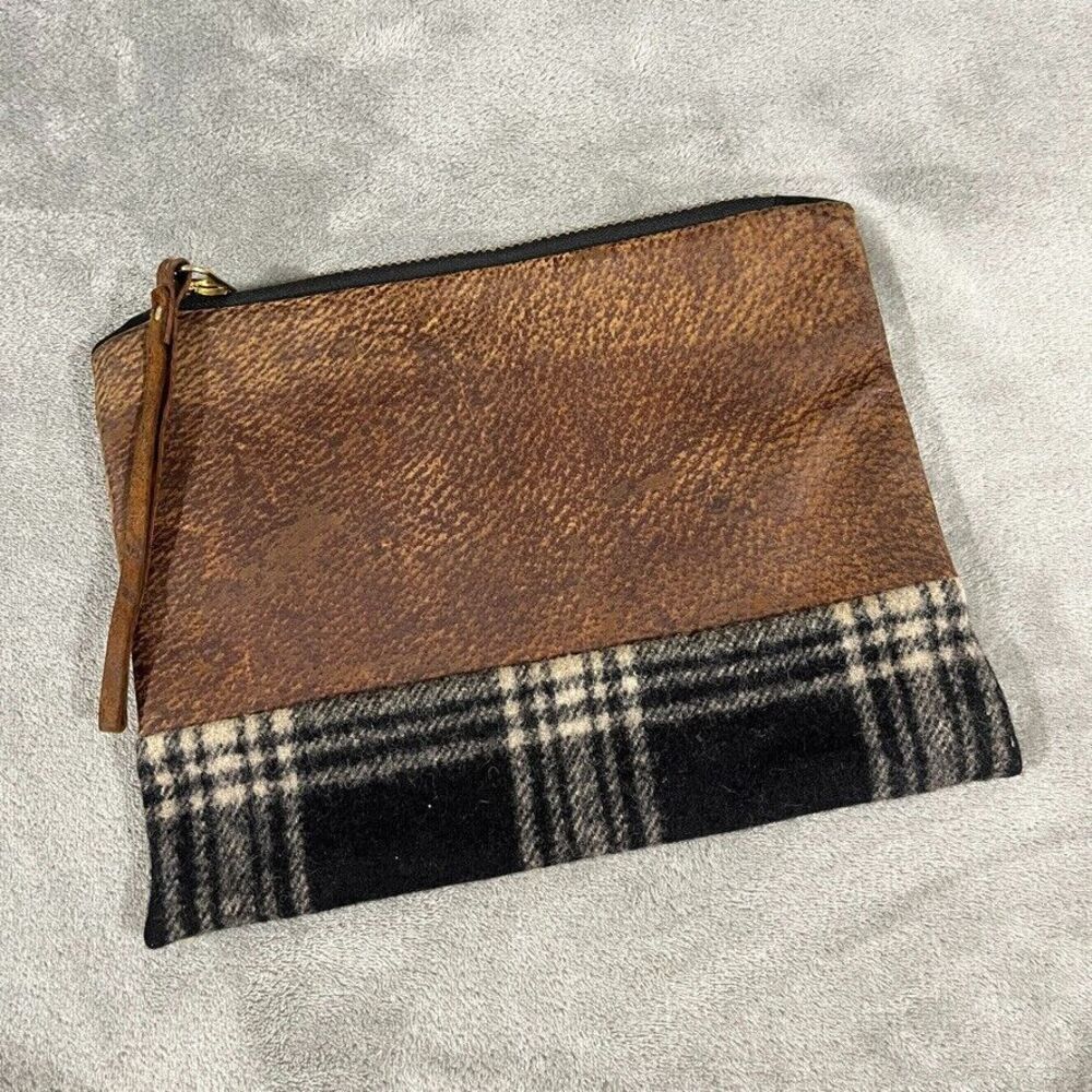Rais Case Clutch Pouch Wallet Bag Tan Leather Flannel Plaid Made in USA